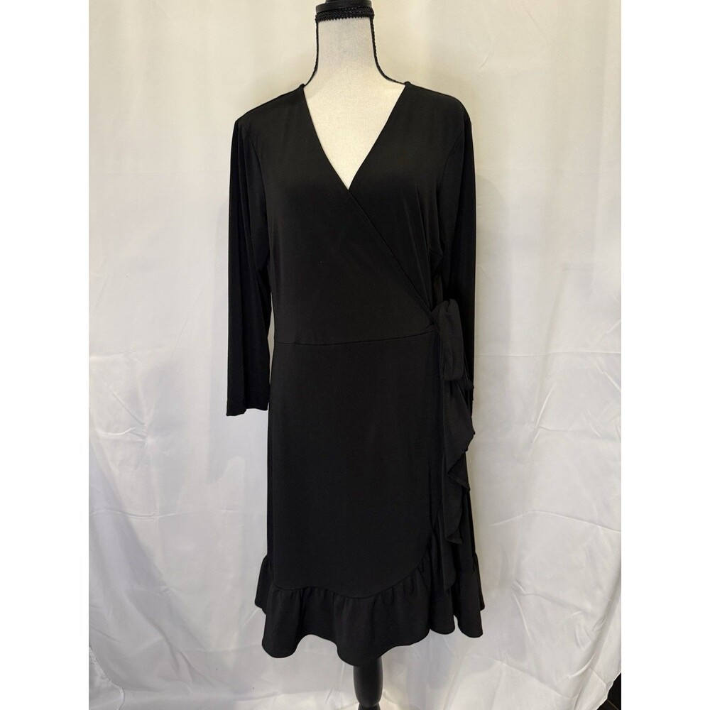 Coquettish Black Plunge‎ Neck Bodycon XL LBD Ruffle Hem Tie Waist